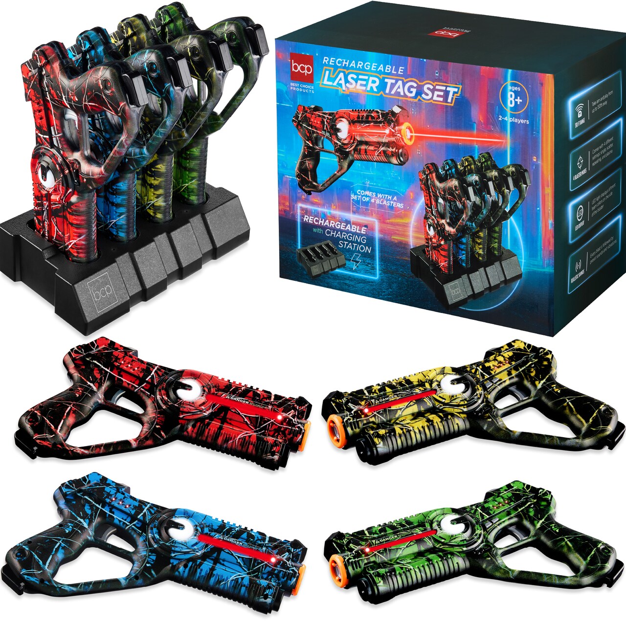 Best Choice Products Set of 4 Rechargeable Laser Tag Blasters, No Vests Needed w/ Docking Station, 4 Settings